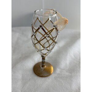 Handcrafted Glass Champagne Flute Ornament With Gold Diamond Grid & Ribbon Embel